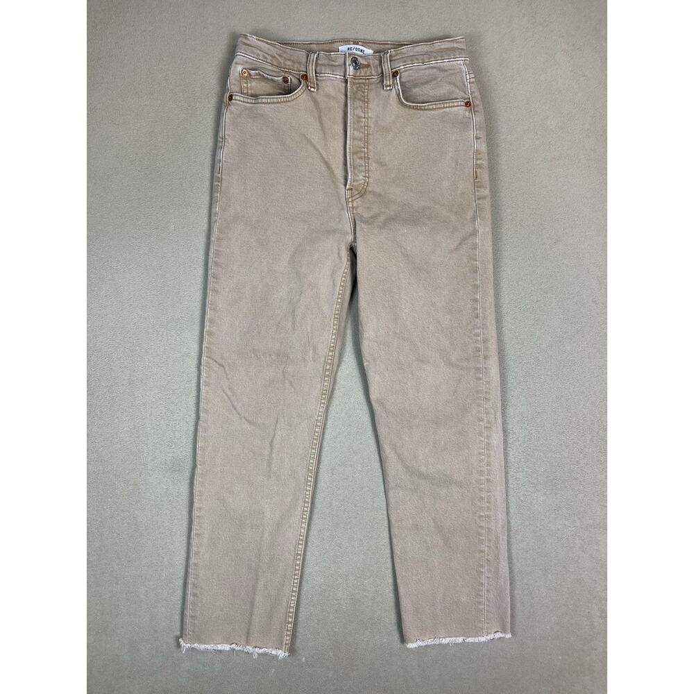 RE/DONE Jeans Womens 27 Khaki High Rise Stove Pipe Button Fly Raw Hem Denim